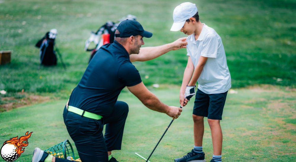 A person is teaching a child how to play golf  